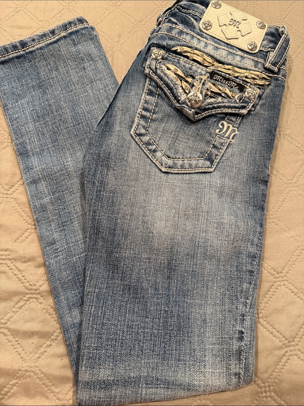 Miss Me Light Blue Wash Embellished Back Pocket Skinny Jeans